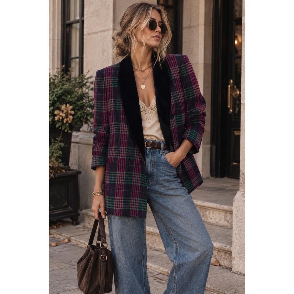 Jones New York Vintage Plaid Blazer Velvet Shawl Collar Size 10